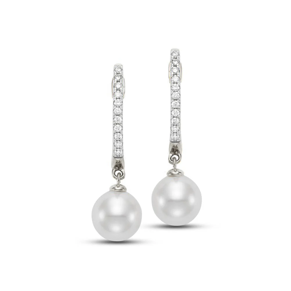 14K White Freshwater Pearl and Diamond Drop Earrings