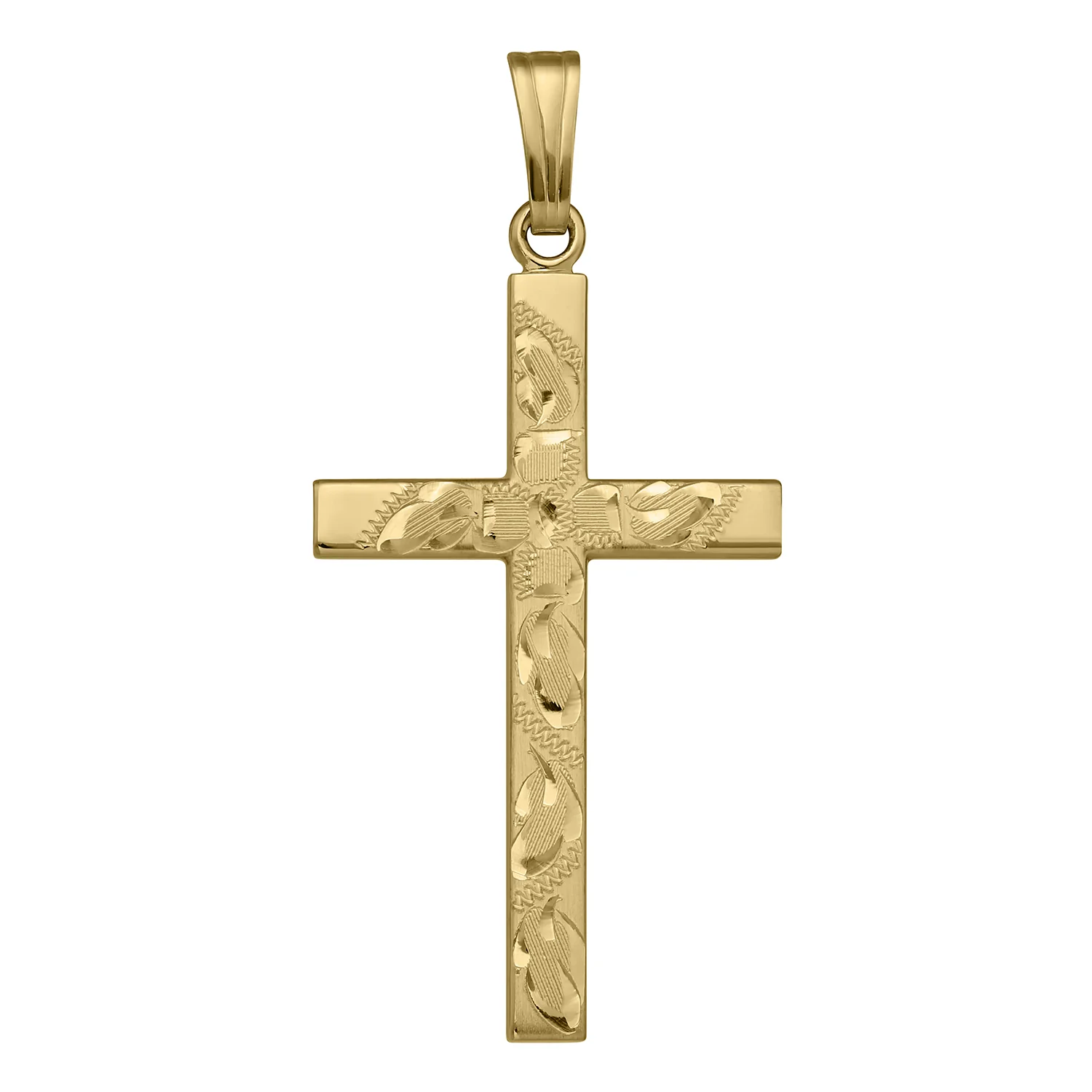 14K Yellow Gold Solid Hand-Engraved Cross Pendant