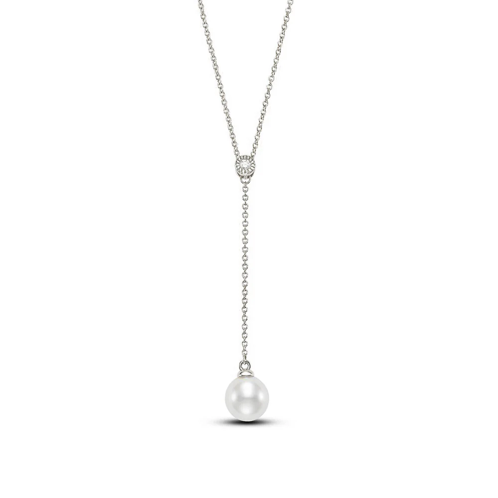 Mastoloni 14K White Freshwater Pearl and Diamond Lariat