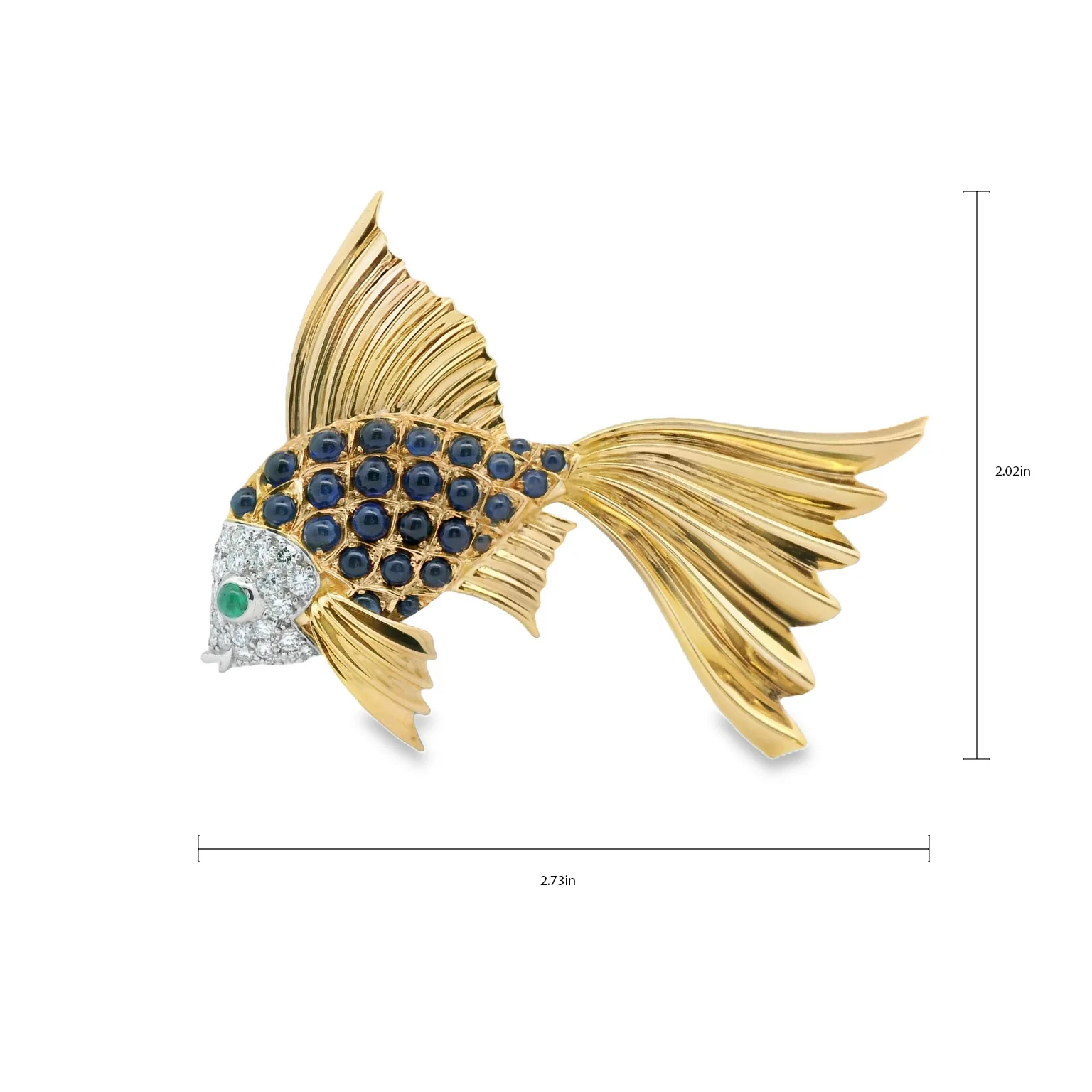 Estate Oscar Heyman Platinum and 18K Yellow Gold Sapphire Emerald and Diamond Fish Brooch - Image 3