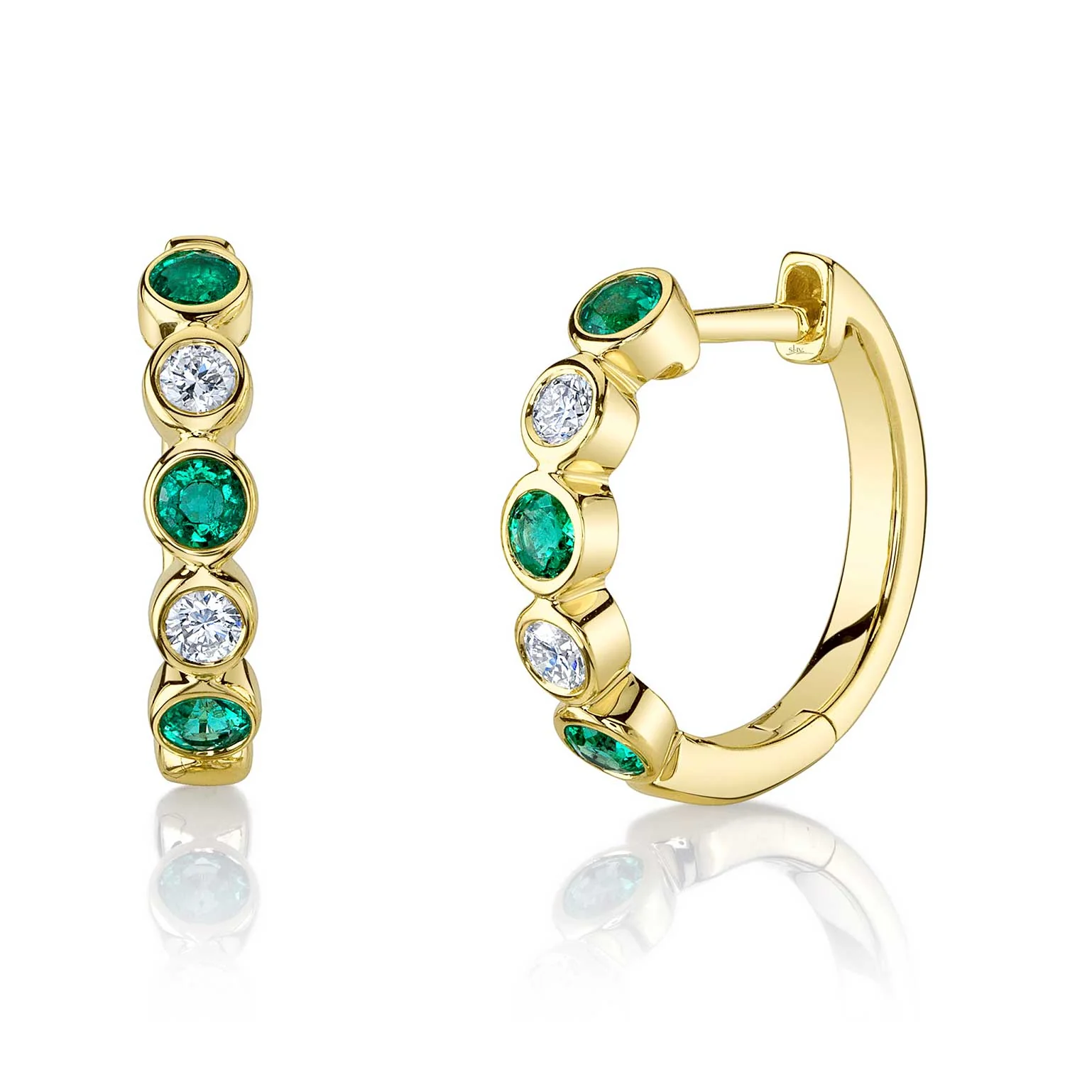 Shy Creation 14K Diamond and Emerald Bezel Huggie Earrings