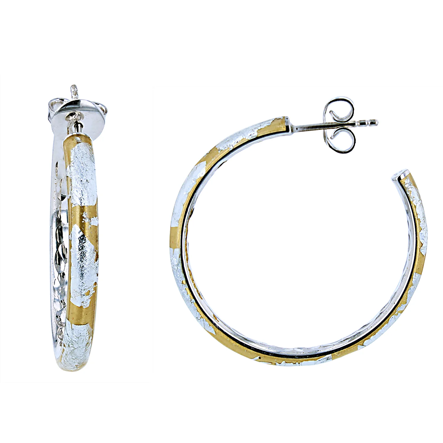 SOHO Sterling Silver Small Hammered Silver Hoops with Gold Post