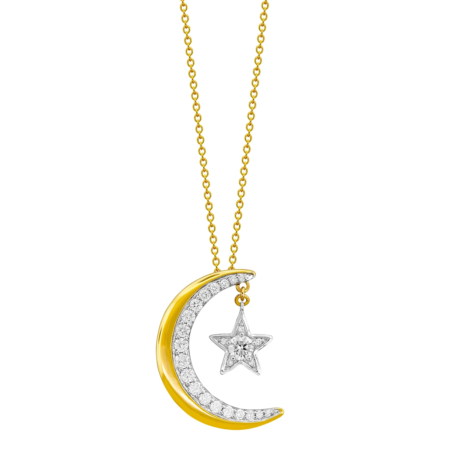 Spark Creations 18K Two-Tone Diamond Moon and Star Pendant with Chain